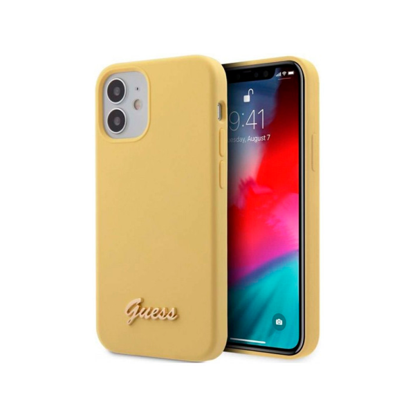 Guess чехол для iPhone 12 Mini Liquid Silicone Gold metal Logo Hard (желтый) GUHCP12SLSLMGYE Guess чехол для iPhone 12 Mini Liquid Silicone Gold metal Logo Hard (желтый) GUHCP12SLSLMGYE