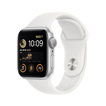 Apple Watch SE 2 44mm, серебристый, спортивный белый ремешок M/L