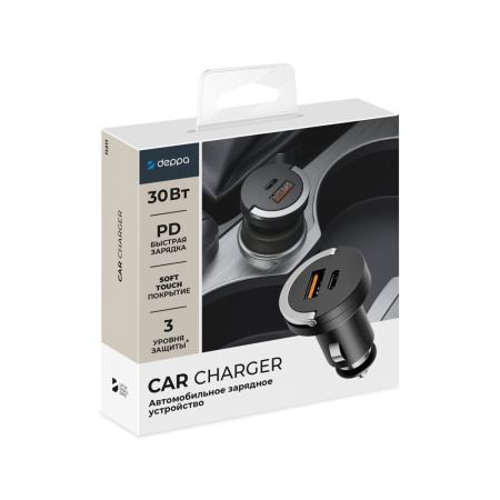 Deppa АЗУ Ultra 30W Type-C + USB A (черный) 11211